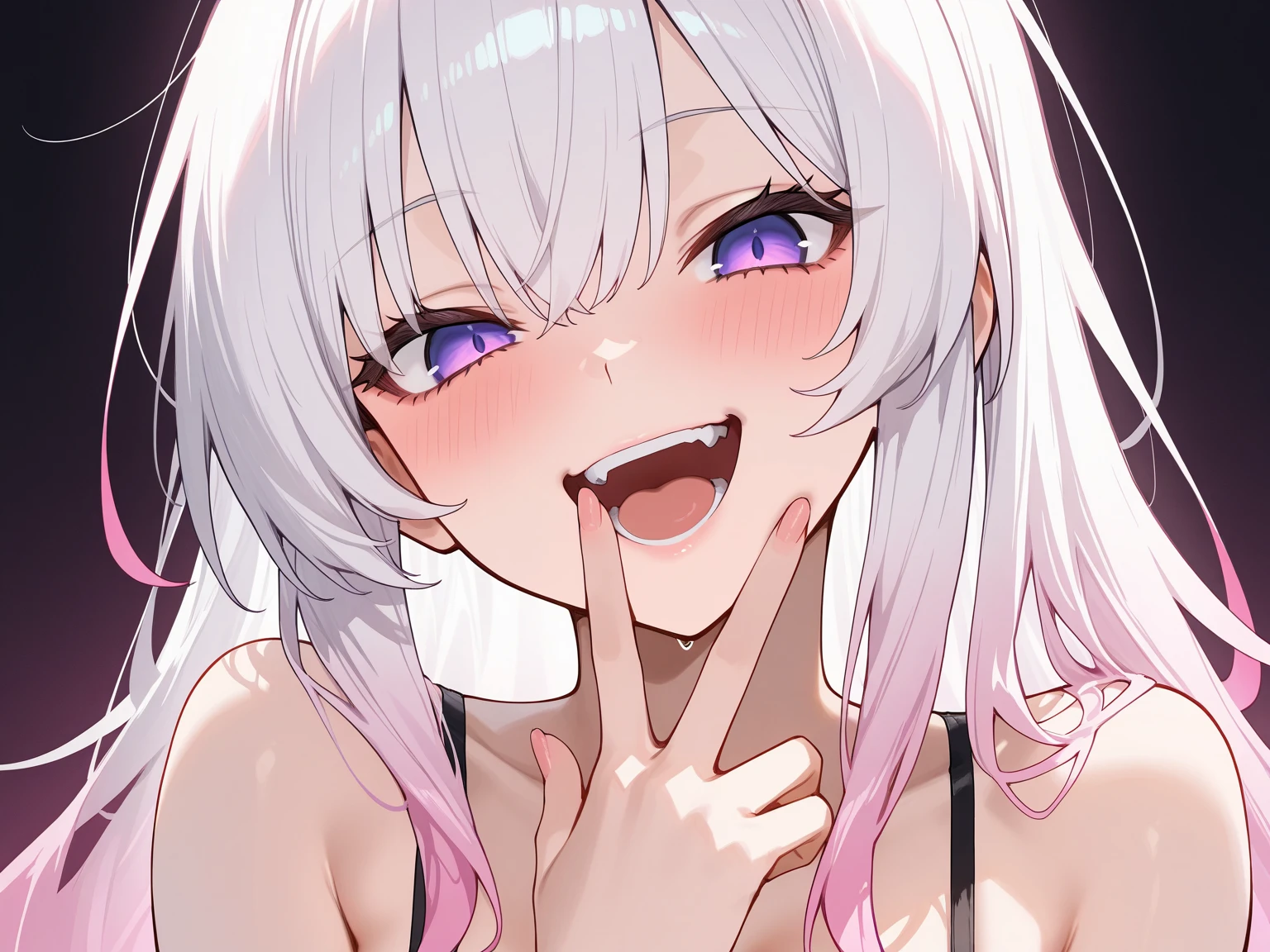 1girl,heart-shaped pupils,fingernails,hands on own face,white hair,purple eyes,(blush:1.1),choker,upper body,trembling,sweat,sweatdrop,heart,(speed lines:1.1),small breasts, ((heavy breathing:1.3)), love, heart, happy, smile naked, mouth open moaning, dick in pussy on bed sex kid
