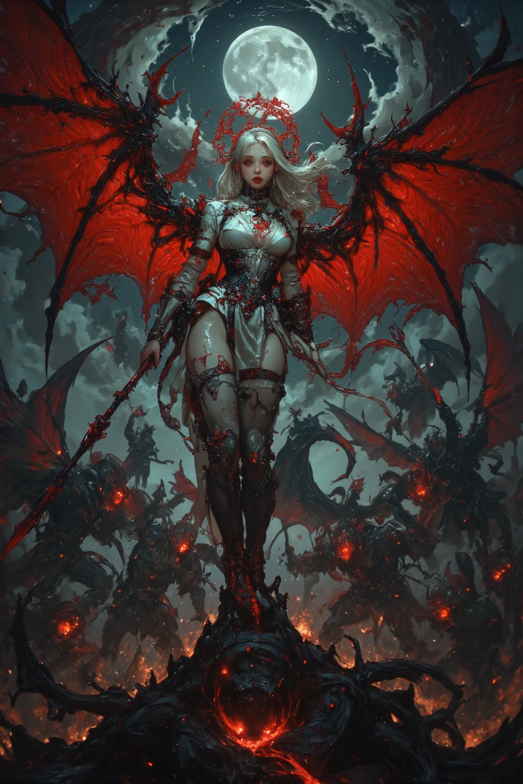 Illustrate a stunning movie poster for an epic fantasy trailer featuring Callizto, a night elf demon hunter. She is depicted with a fierce expression,White long hair, Black demon horns, red demon wings, her green eyes piercing through the darkness. large breast:1.8, cleavage, temptation, seduction, eat your soul, seduction, She wears a sexy ornate, Black and red leather armor with a demonic influence, holding two blazing swords crossed in front of her. The backdrop is a war-torn battlefield under a blood-red sky, with demonic creatures emerging from the shadows. Highlight her as the central figure with a dark, magical glow surrounding her.