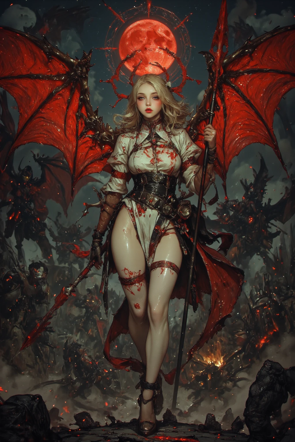 Movie CG, Tiflin, Female devil,Devil's daughter,Peerless beauty,s girl,devil tattoo,The armor was splattered with blood,It has gold etching on it, (paleskin), blood spatter, horns on head,succubi, Cruel laughter,(Burning red eyes), , Red-blooded pentagram, Glowing Grimmore closes, summoning circle, Rusty chains, The illuminated temple of Satan, Lens flare, Axis, intricately details, Highly detailed, voluminetric lighting, 4K rendering, stockphoto, Ultra photo realsisim, Lifelike texture, Dramatic lighting, illusory engine