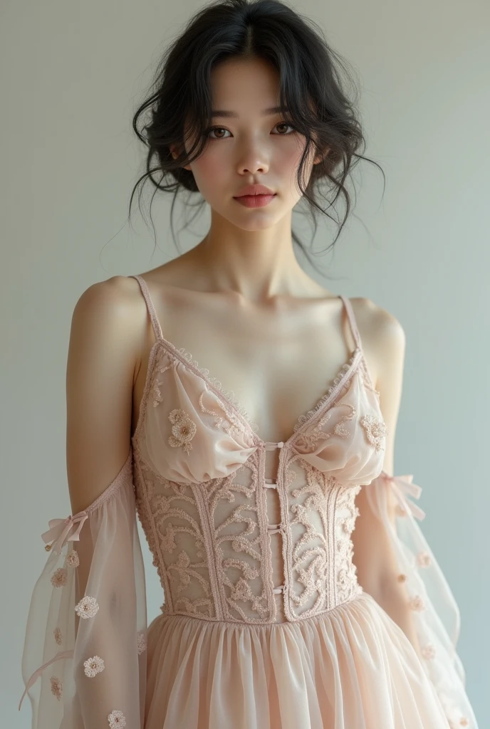 (masterpiece:1.hotorealistic:1.37), (A fashion model, 20-years-old), ((Glamour, paparazzi taking pictures of her), (super elaborate, extravagant evening wear), with a perfect body, super fine face and eyes, (light makeup, [[pink lipstick]], eyeliner), ((view the viewer)), (BIG full breasts:1.8), The attention to detail, Double eyelids, Wear an off-the-shoulder top, full bodyesbian, (((light dark short ((side swept bangtremely detailed))), ((Brown eyes)), 16K, UHD, Extremely detailed, voluminetric warm lighting, (pink lacy:1.58)
