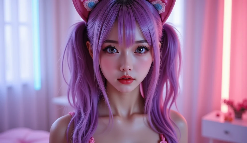 ,13 years old, junior high school girl, (huge breasts:1.4)、(Neon Purple Theme:1.2), masterpiece, highest quality, 4K, (Realistic), Bokeh, Awareness-raising,(1 perfect portrait of a girl), (A fascinating eye for perfect detail:1.2), Colorful Hair, (Gradient Hair), (Neon purple soft hair:1.6), (Cat ear:1.2), Fantasy Background, (Exposed bare shoulders), (Long-term alienation sleeve), (Lean forward slightly), Tilt your head, (Cinema Lighting:1.2), Larger clothes, (Seductive pose:1.4), (Neon Purple Background:1.6), beautiful purple eyes, close,