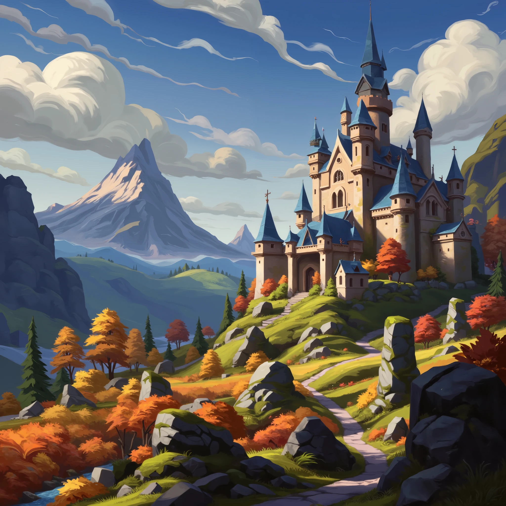 Close view of a massive castle, kingdom, (closed-up of castle), high resolution, fantasy, digital painting style, realistic shadows, iray, (autumn:1.5), forest, orchard, mountain, (bright morning:1), twilight, 8k, 16k, highly Detailed, clear sky, (fogless:1), cloudless, mistless, hazeless, blurless, masterpiece, outdoor, highres, absurdres, png, lossless, details, refined, complex, clear, clarity, day, peaceful, sunny, lively, empty sky, perfect, perfection, realistic, professional, talented, skillful,