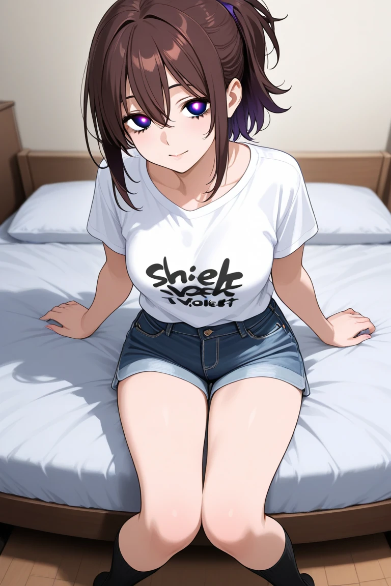 brown hair、hat、horse ears、blue eyes、Shy smile、white t-shirt、horse tail、lie in bed、high resolution、high quality、beautiful skin、beautiful legs、