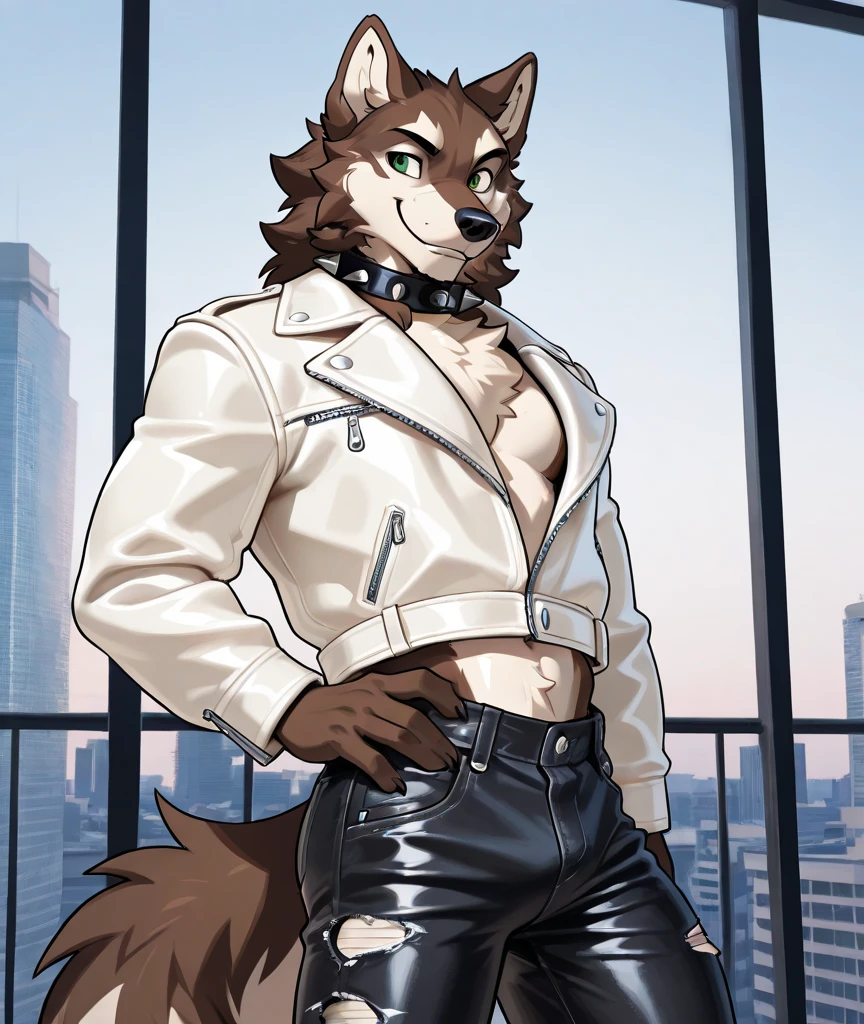 An adult male muscular german shepherd fursuit alone in New Zealand 25 years old looking at the viewer looks happy wearing a very sexy tight thong fur and red eyes outdoors posing for the camera now to match this champion a black suit and a tie