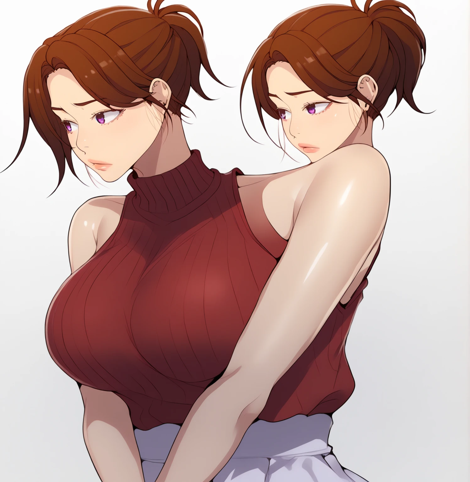 baby face, (short brown fluorescence hair:1.5,ponytail hair:1.5), (masterpiece, sidelights, exquisite beautiful eyes: 1.5), masterpiece*portrait,(cute face),front view: 1.6、 (glowing green eyes:1.2),plump face:1.5,(tareme:1.5)、(seductive smile:1.2),Rosy Mouth,Slim Body,abs, shiny hair, visible belly, shiny skin: 1.5、medium breasts,cleavage、solo,,(stand)、(white tank-top and black skirt)、(charactor focus:1.5、portlate、upper body),stage,
