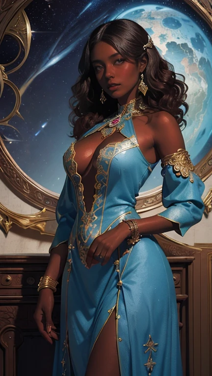 Woman with dark skintone with perfect detailed eyes, serious, elegant, sheer sparkling blue dress, aristocratic, gorgeous gold elements, perfect short fingernails, bare shoulders, hairstyle, hair up, braid, messy, arrogant, absurdly detailed dress, celebration, hall decorated with flowers, brilliantly colored tapestry walls, cowboy shot, portrait, (best quality), (masterpiece), (highly detailed), (4k)