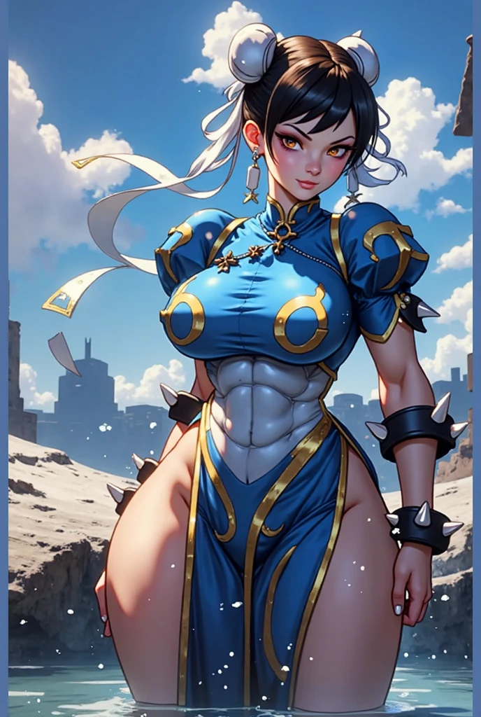 (High resolution, Pixels are perfect, luxurious illustration), (hyper quality, masutepiece, Ethereal: 1.4),(Solo:1.4), ((((From head to knee)))), (angry), pale skin, (put hands on the hip), (((((((muscular))))))), ((thick thighs)), ((Huge breasts)), Woman, Very short hair, ((((chinese armor)))), (((wide hips))), ((greybackground)), (Shiny skin), (Leotard),