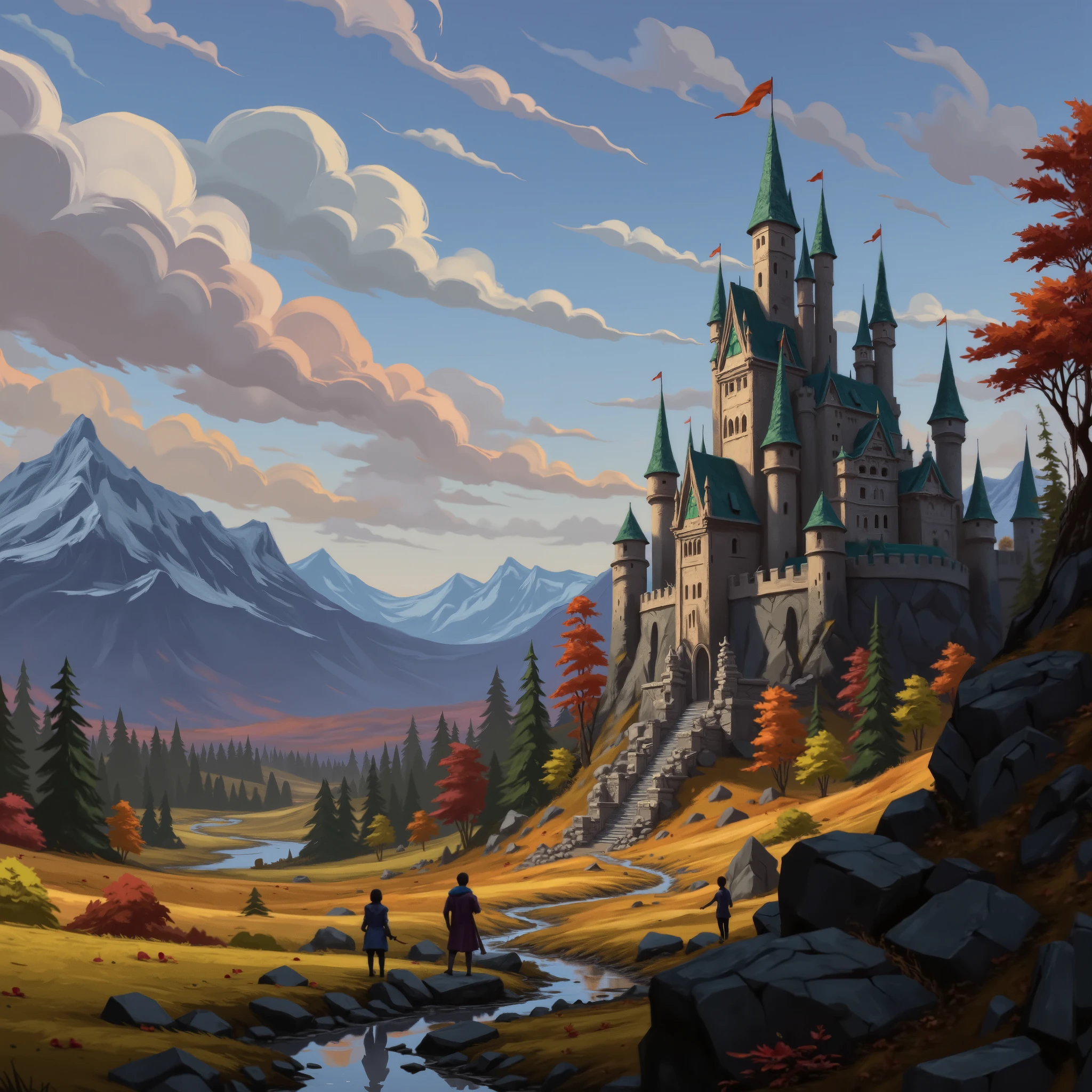 Close view of a massive castle, kingdom, (closed-up of castle), high resolution, fantasy, digital painting style, realistic shadows, iray, (autumn:1.5), forest, orchard, mountain, (bright morning:1), twilight, 8k, 16k, highly Detailed, clear sky, (fogless:1), cloudless, mistless, hazeless, blurless, masterpiece, outdoor, highres, absurdres, png, lossless, details, refined, complex, clear, clarity, day, peaceful, sunny, lively, empty sky, perfect, perfection, realistic, professional, talented, skillful,