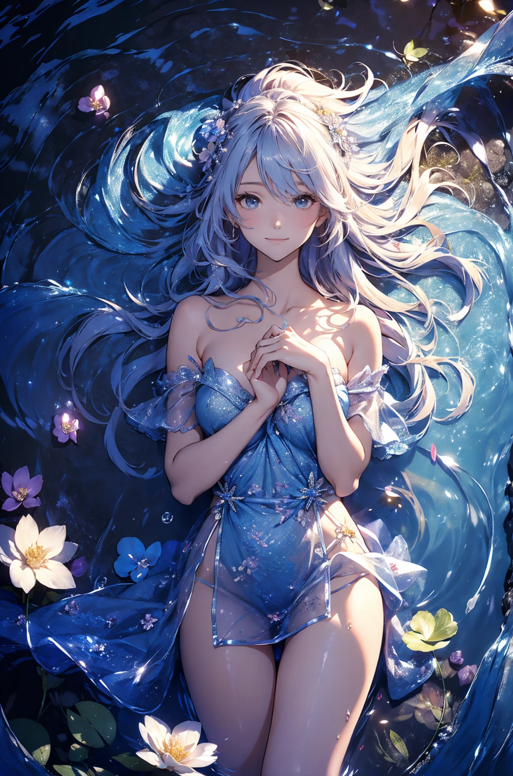 (Enrich the picture,Masterpiece level quality)Beautiful 8K CG artwork,Goddess-like posture,sittinng on the river,Postural exercises,Slim and soft,Translucent skin,Blue hair、The beauty of extra-long hair, Super Long Straight Hair,The skin is fair and juicy,Big breasts underwear uniform,Perspective Part 1.2x enhanced silhouette effect,Exquisite transparent blues pattern in pajamas,The details are intricate and exquisite,The background is slightly blurred,Charming and lustful leg seduction,Drool,J Cup Super Big Breasts,Blush,Japan goddess,Perfect body slim curves,Scene by the sea,