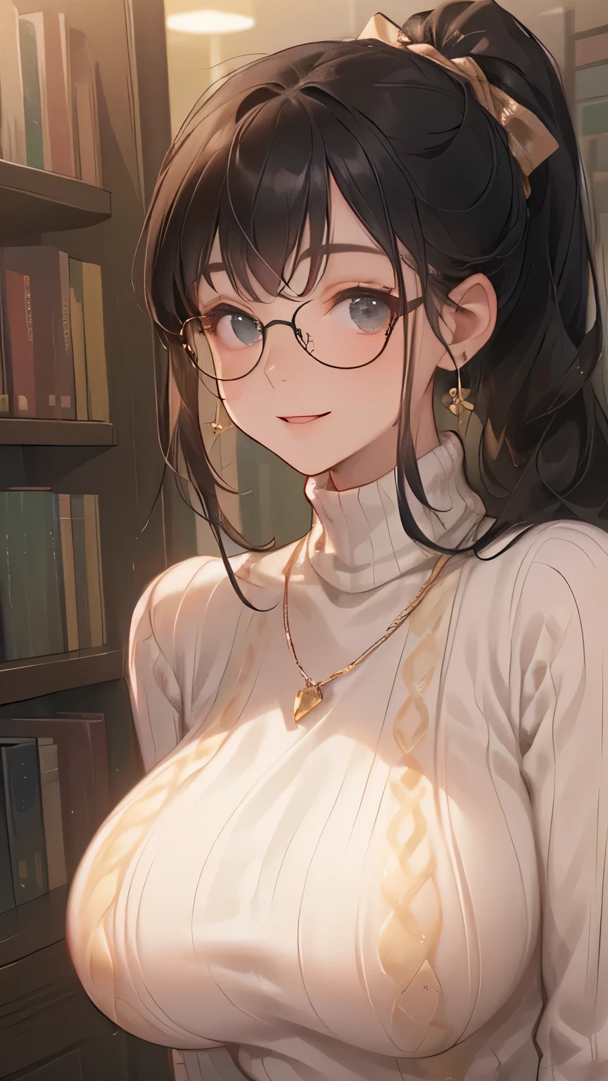 ((Big Breasts:1.6))、((( long ponytail upped:1.9、 Black Hair、Glasses、 gold necklace)))、((turtleneck white sweater:1.4))、((A cheerful expression:1.4))、 PORTRAIT、 Closeup 、 Libraries 、Wall of books 、masterpiece、Best Quality、 elaborate details 、 real、