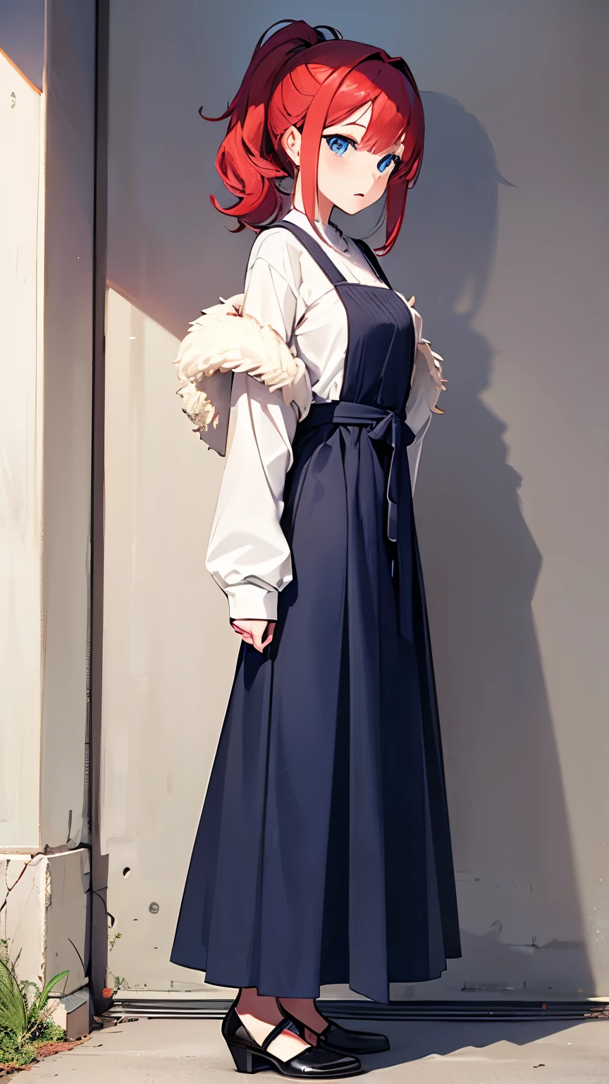 one girl(red hair、loose and fluffy hair、Ponytail、 blue eyes,private clothes、full body)