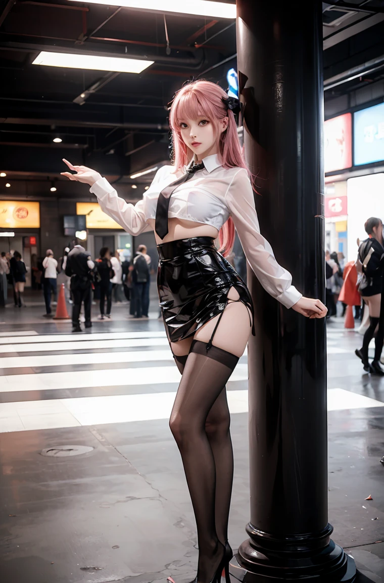 Highest quality, masterpiece, detailed, Well-organized composition,Ahegao,Cleavage,Heart-shaped pubic hair,Full body tattoos,Cat ear,tail,High heels,Black jacket,Frameless glasses,Wet white skin,Dripping Sweat,Surreal,A short bob cut with a mix of gold and pink,In a crowded shopping mall,Collar tethered to a leash,Very thin,Crowd,be surrounded by a large number of people,Squatting and doing the splits,Hands behind back,