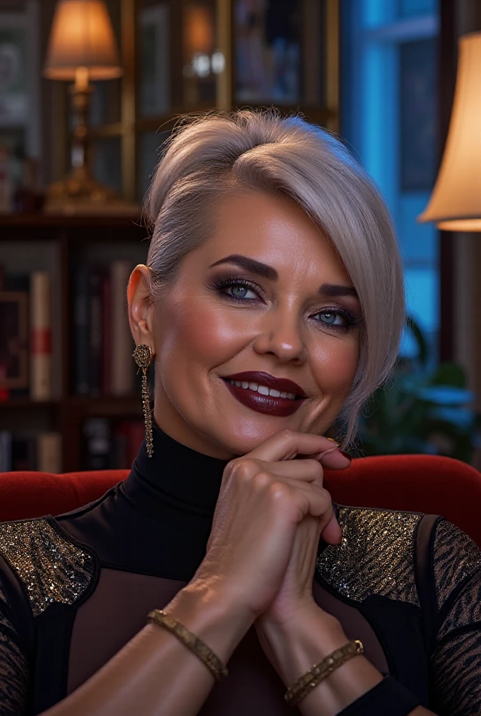 ((2womans)),(((top quality,realistic,masterpiece))),(65 years old:1.2),silver hair,(there are many wrinkles on her face:1.2),old woman,((erotic red lingerie)),wave hair,erotic face,Enhance,midnight,Seductive pose,smile