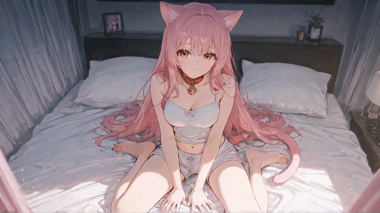 a close up best waifu sleep a side, cat eared, white shirt, long skirt, long sleeves, pink hair, (full body:0.8), blushed face, seductive facial expression, looking at viewers, pixiv contest winner, best anime artstyle, extremely detailed, beautiful eyes finely detailed, side lighting.
