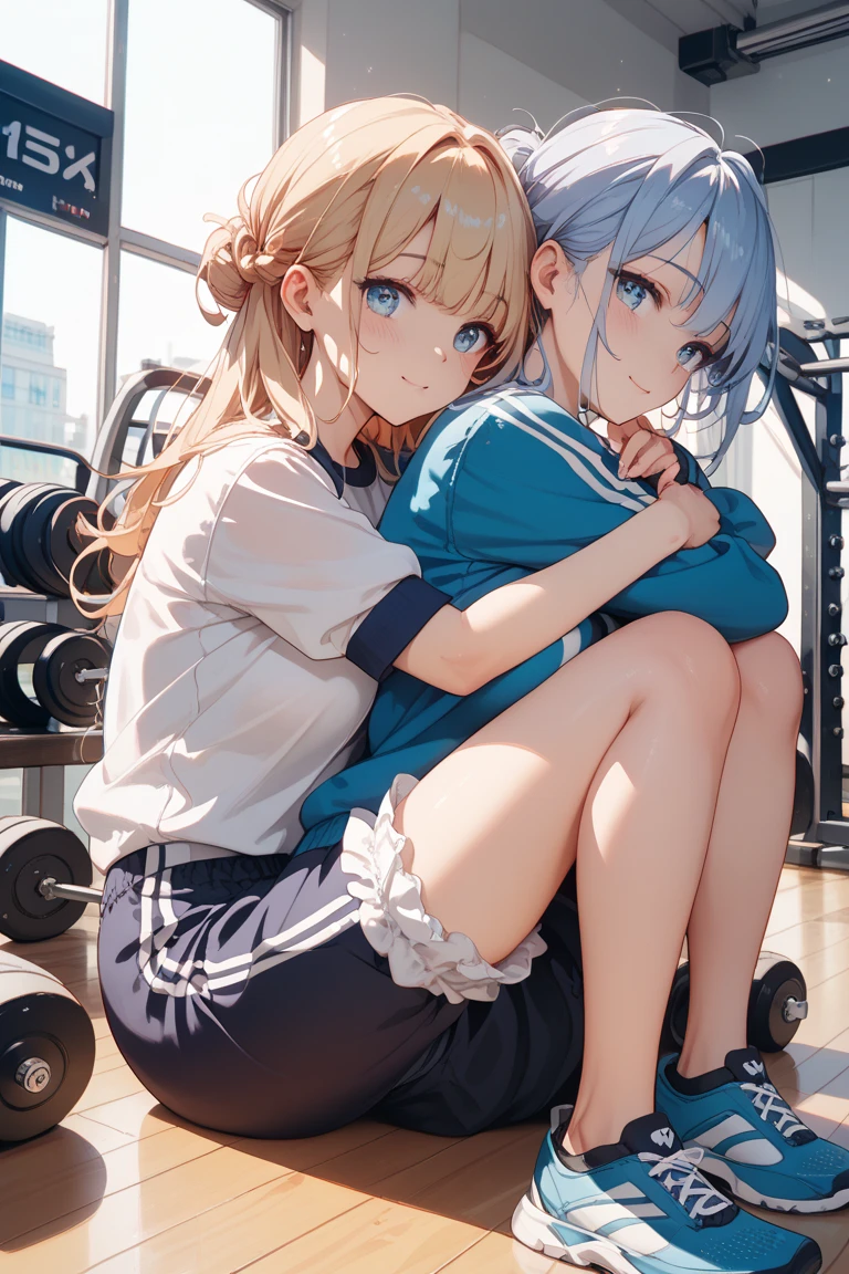 (masterpiece, best quality),, close-up face, (from front:1.2),bright blue hair、medium long hair、twin tails、 (on all fours on the floor:1.2), (looking down:1.2), break girl, casual,Gym suit、Wearing a jersey、school gym、 (bra:1.2), breast gap, medium breasts, hanging breasts, downblouse,Nipples are visible、Not wearing a bra、Leaning forward、8K, highest quality, masterpiece, super detailed、bright blue hair、medium long hair、twin tails、young face、17 years old、full lips、Pale blue eyes、、blush、lipstick、medium breasts、perfect hands、detailed hands、Smile、smile、gymnastics matの上、gymnastics mat、Gym suit,Wearing a jersey、Wearing spats