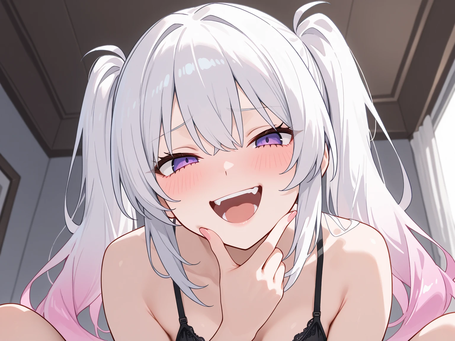 nafw,(2 girls:1.3),(duo),breast,absurdres,best quality,very aesthetic,absurdres,bra,(light silver White hair),太もも,(purple bra),(straight-on),(officeready:1),(tan),(topless),(Attractive face:1.3),masterpiece,best quality,very aesthetic,absurdres,nsfw,(1 cute girl),pov face,two side up,face focus,tongue out,cumdrop,masterpiece, best quality, very aesthetic, absurdres,cum,half open mouth,cum,long tongue