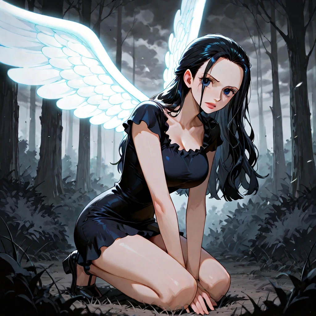 <lora:avas_retro_06-04:1>, 


(((masterpiece))), (((best quality))), ((ultra-detailed)), (illustration), ((an extremely delicate and beautiful)), beautiful detailed eyes,1girl, angel, angel wings, black background, black jacket, black necktie, black pants, collared shirt, dark background, feathered wings, feathers, formal, grey hair, hair between eyes, halo, highres, jacket, limited palette, long hair, looking at viewer, looking down, necktie, no arms, pants, shirt, simple background, solo, suit, white shirt, wings, distortion, chromatic abberation, glitch, (arms behind back:1.4), arms down , (above waist:1.5),(realistic skin:1.2), subsurface scuttering, (boob shot:1.1), menacing gaze, (glimse of areola:0.7),(large breasts size:1.3), (covered_nipples:0.3), lewd gaze, cute nose,(cleavage:1.1), vivid playful eyes,(emotionless expression:1.1),(blunt glowing eyes:1.1),dark themed, horror themed, fisheye, light trails, tentacles on background, limited color palette,