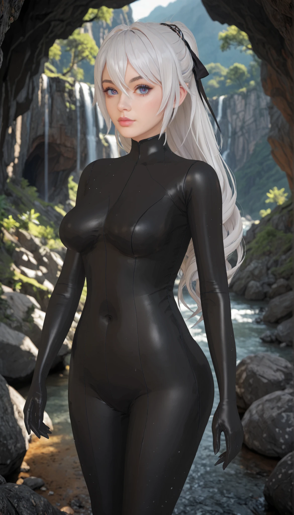 perfect figure, perfect breasts, big ass, 4K, high quality, beautiful eyes, Bronya Zaychik, white hair, Latex black full Bodysuit, front view, Background canyon 