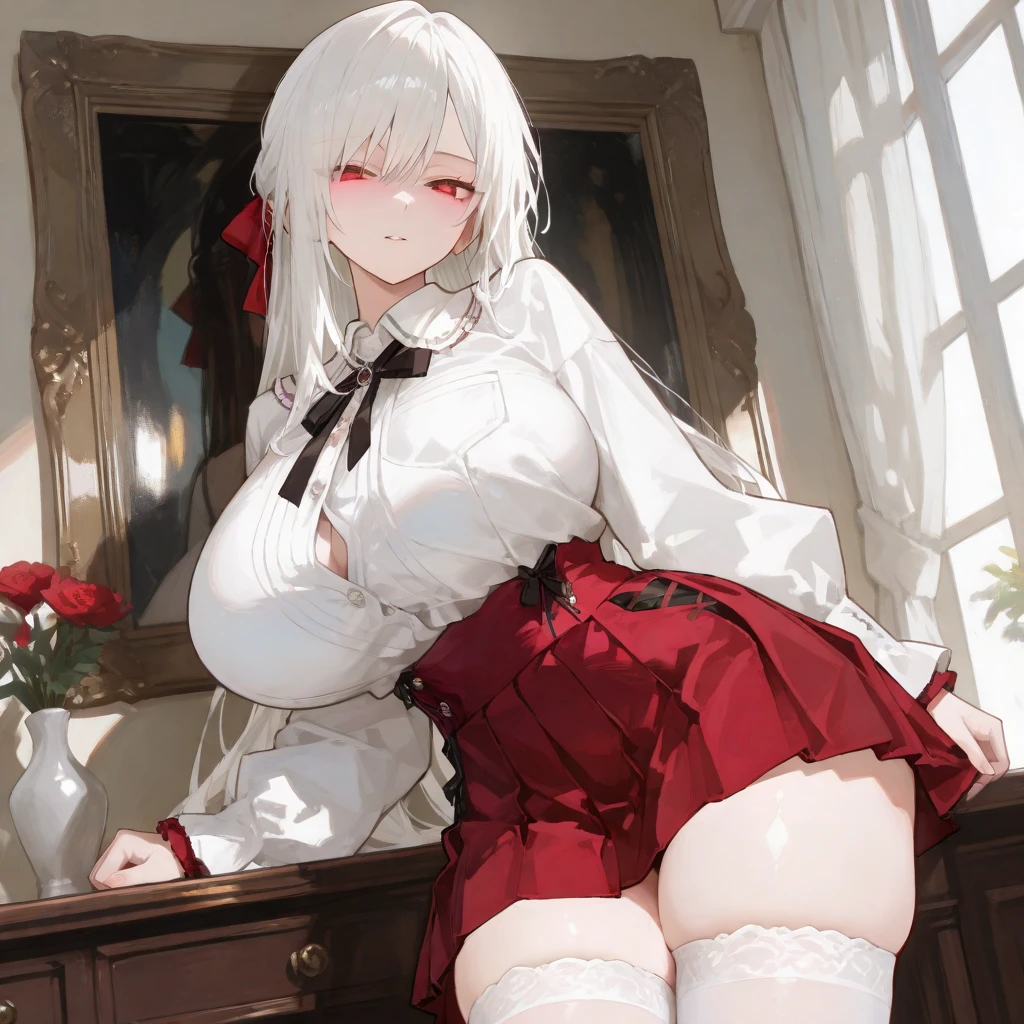 NSFW、masterpiece、Top image quality、high detailing、Detailed beautiful face and eyes、window、(Black adult string panties:1.2)、(BLACK Panties:1.1)、(nighttime scene:1.5)、nighttime scene、(red eyes:1.2)、Delicate interior design、1girl in、(White Thigh Socks:1.2)、(White Long Straight Hair:1.2)、White hair、red blush、(a beauty girl)、Proud smile、blush、angry、(Blunt bangs:1.2)、(huge-breasted:1.1)、Clothed big breasts、Big buttocks、thick thight、a choker、(adult body:1.2)、(Skirt is pulled up:1.4)、Light brown blazer、(Micro Black Check Pleated Skirt:1.2)、(Short skirt:1.5)、(Panties are visible:1.6)、(The navel is visible from the skirt:1.1)、Strong wind from below