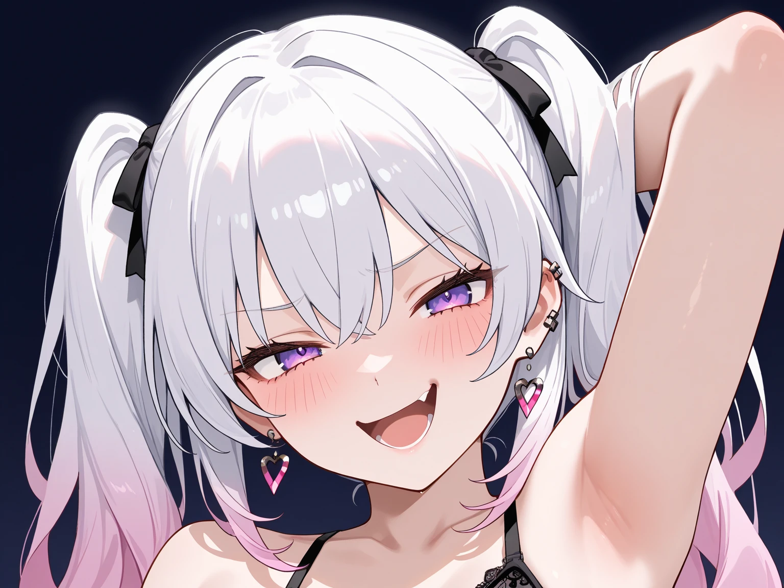 1girl,heart-shaped pupils,fingernails,hands on own face,white hair,purple eyelush:1.1),choker,upper body,trembling,sweat,sweatdrop,heart,(speed lines:1.1),medium breasts, ((heavy breathing:1.3)), love, heart, crop top, happy, smile