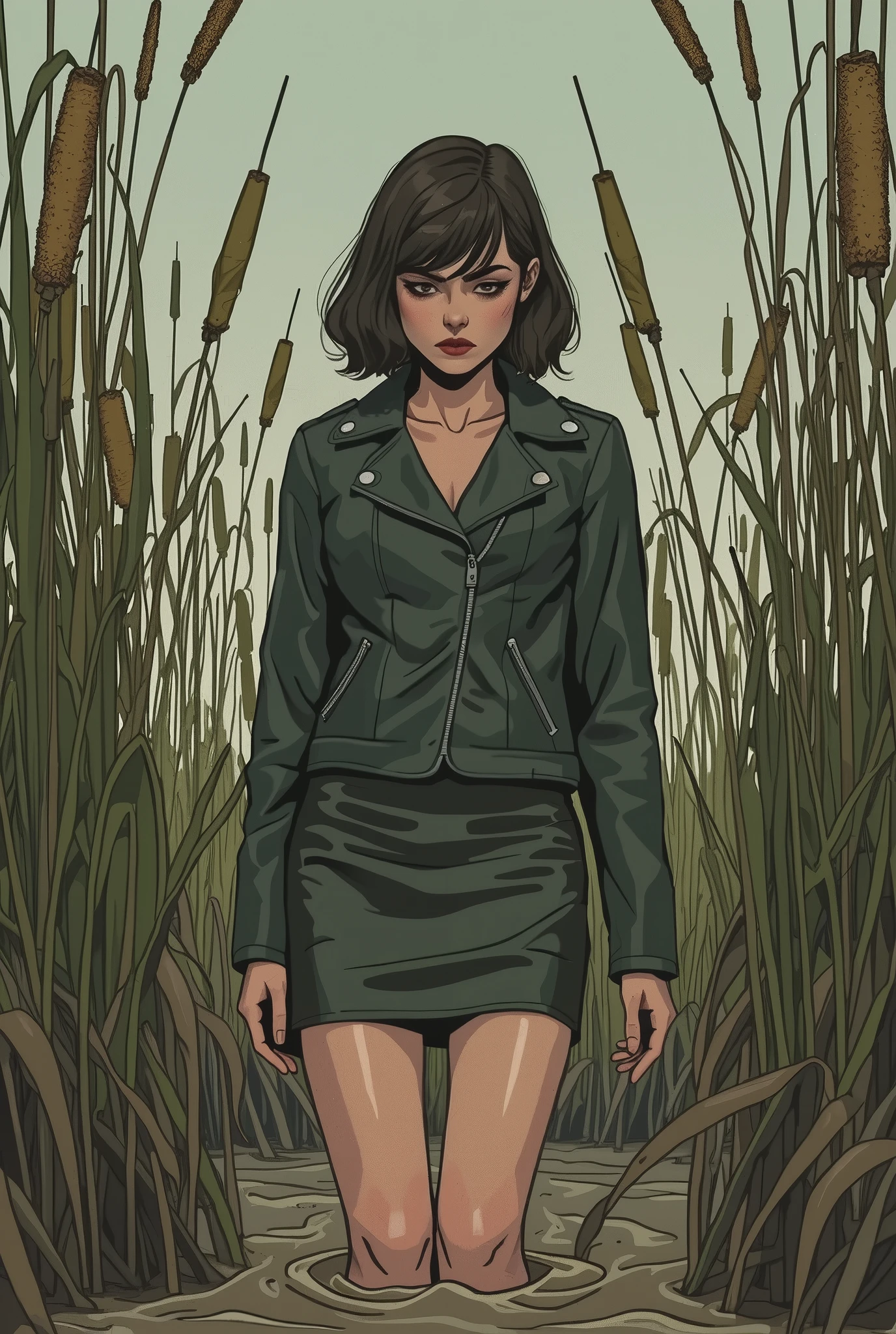 vector image, 2d cartoon,An mature woman, turtleneck and skirt and stockings with garters drowning in the middle of quicksand bog, green