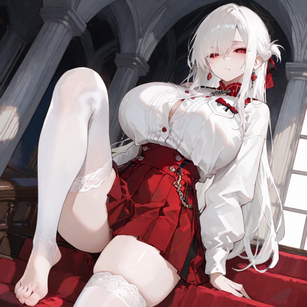 little red riding hood,Sitting,Spread your legs,Black tight knee socks,Light blue and white ed panties、Lower body zoom、Small breasts、Nipples、Covered in milky liquid、Wet、Creampie