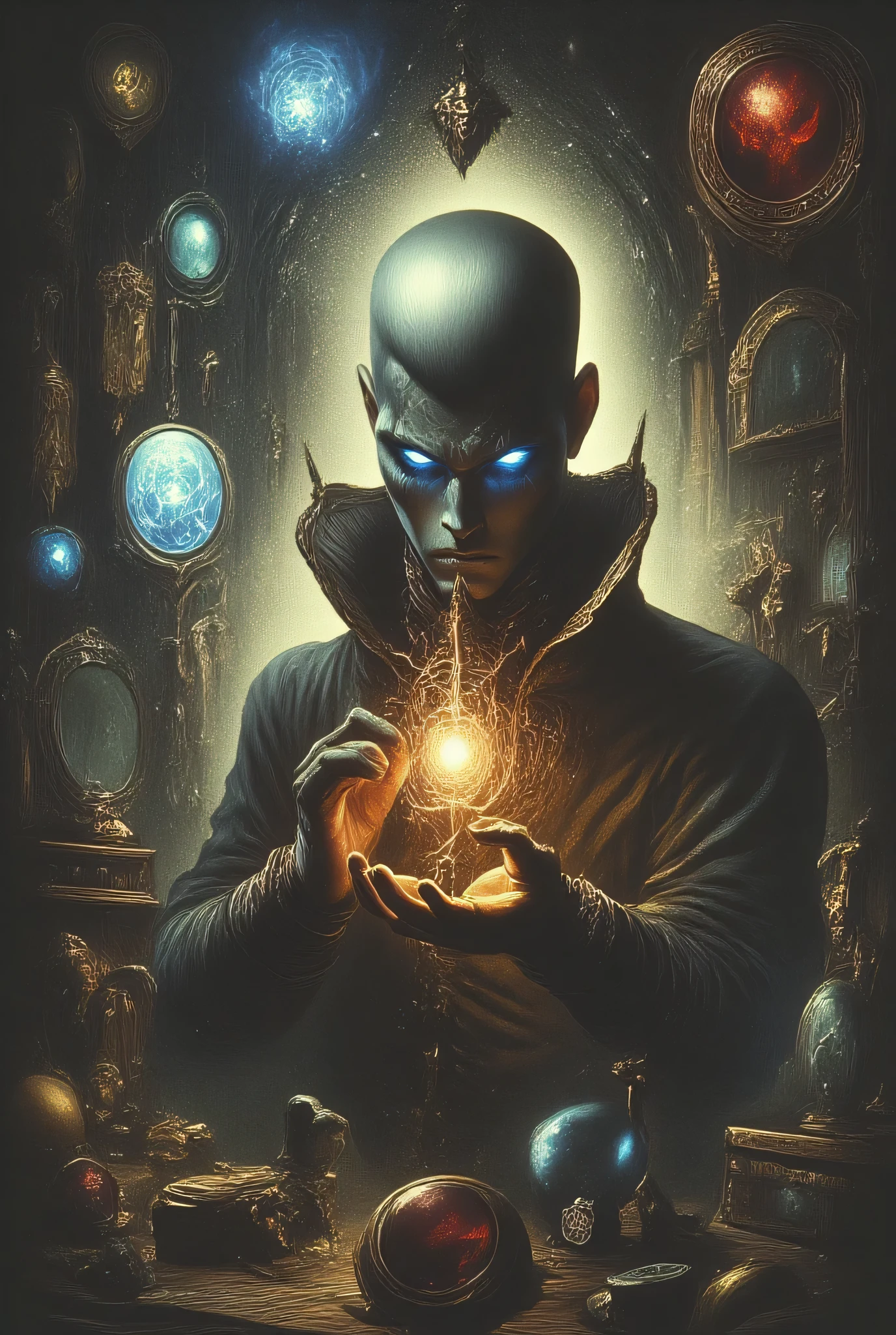  Dark fantasy illustration. Medium shot. A handsome 30-year-old man with aquiline features, blue eyes, and close-cut silver hair, desperately trying to call his girlfriend on his phone, surrounded by angels and devils running amok. Close-up. Inspired by the dark, gothic style of Boris vallejo and the surrealism of Greg Rutkowski. Eyes wild with madness, phone glowing with an otherworldly light. Eclectic, symmetrical apartment background with Klimt's golden accents, William Blake's mystical creatures, and occult artifacts. Dynamic, warm lighting with deep shadows. Masterpiece. Best quality. Dark, muted colors with bursts of gold and crimson. 8k resolution. Highly detailed. Inspired by the works of H.R. Giger and