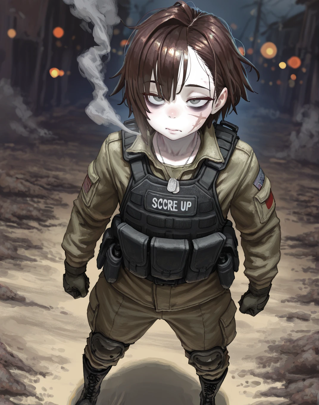 14 year old female soldier、Angry expression、Glare、Pubic hair is visible、Surrounded by enemy soldiers、Nipples、Detained、underwear、Pee on yourself、Poop、Diarrhea、Main Street