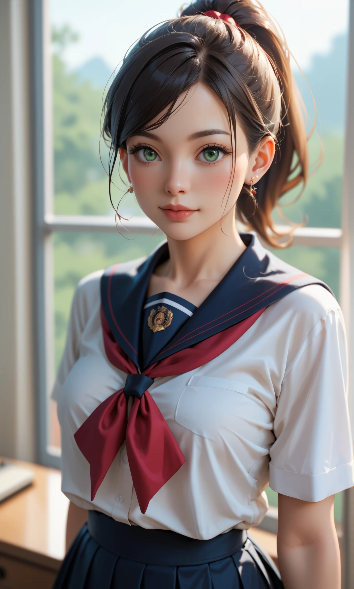 American 18 year old girl brown hair, green eyes, ponytail, attractive, incredible body, absolute smokeshow, Japanese school Girl uniform, anime influences,