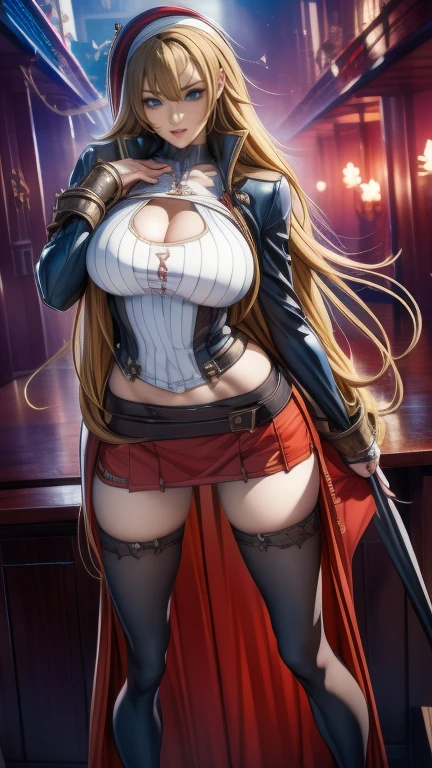 (masterpiece, 8k, 4k, extremely detailed, best quality, absurdres, anime comic style:1.4) nice hands, perfect hands, 1girl, mature, milf, sexy, (huge tits:1.3) <lora:more_details:0.8> <lora:Ruby:lbw=inall:step=5-20> Ruby Heart, pirate hat, cleavage, frills, eyepatch, blonde curly hair,
