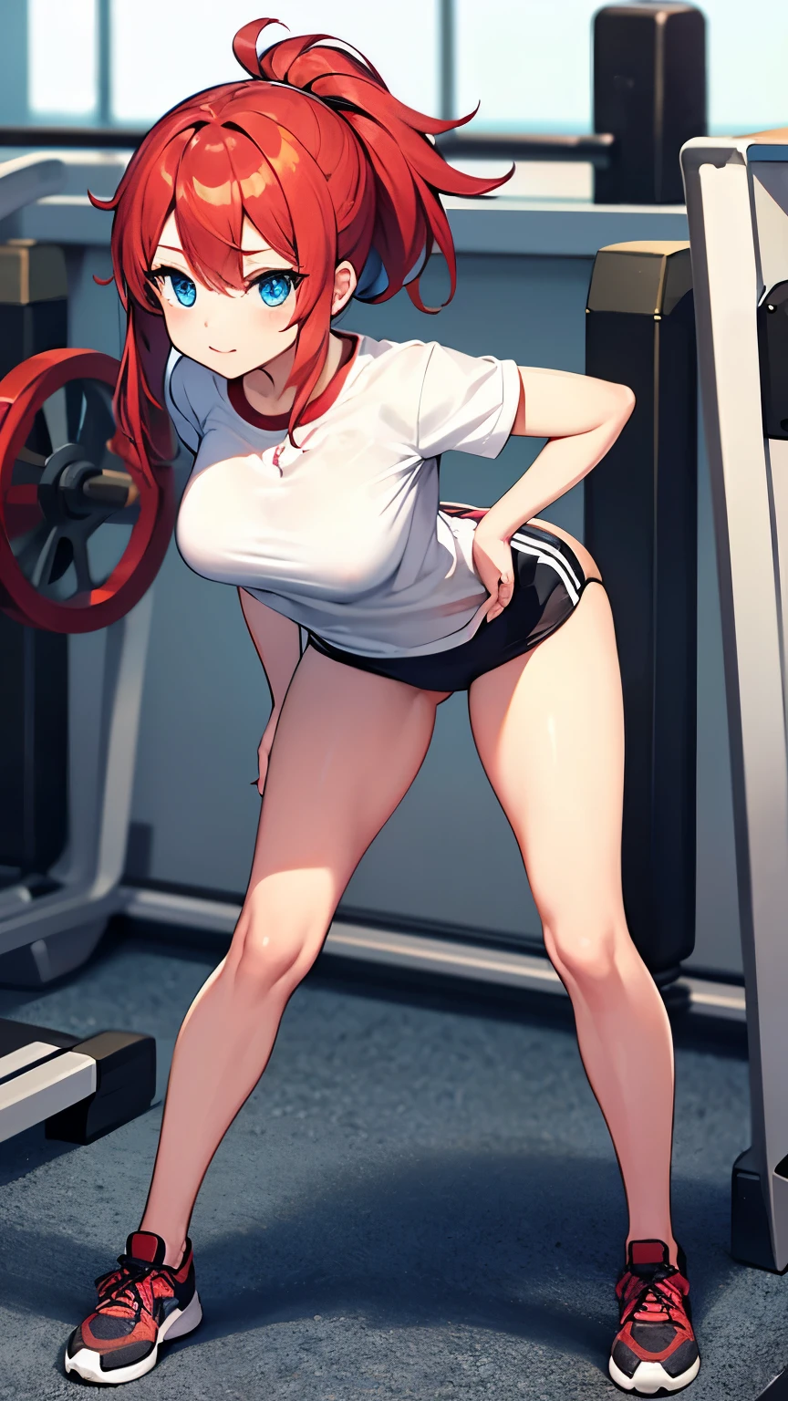 1 woman, furry, rabbit, short, little muscle, white fur, red hair, in the gym, big breasts, wearing a cropped shirt, black leggings, holding a bottle of water, sweat dripping