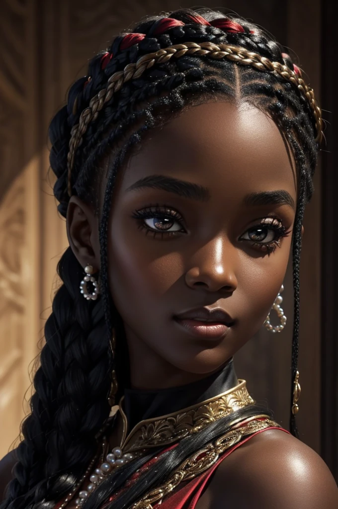 A preteen with a leash of straight white hair, dark skin, Latin ancestry, purple irises, wearing a black tatical suit with golden threads and wearing golden earrings shaped like snakes. Detailed eyes, detailed face, intricate grunge outfits, cinematic lighting, realistic concept art of strong backlighting.