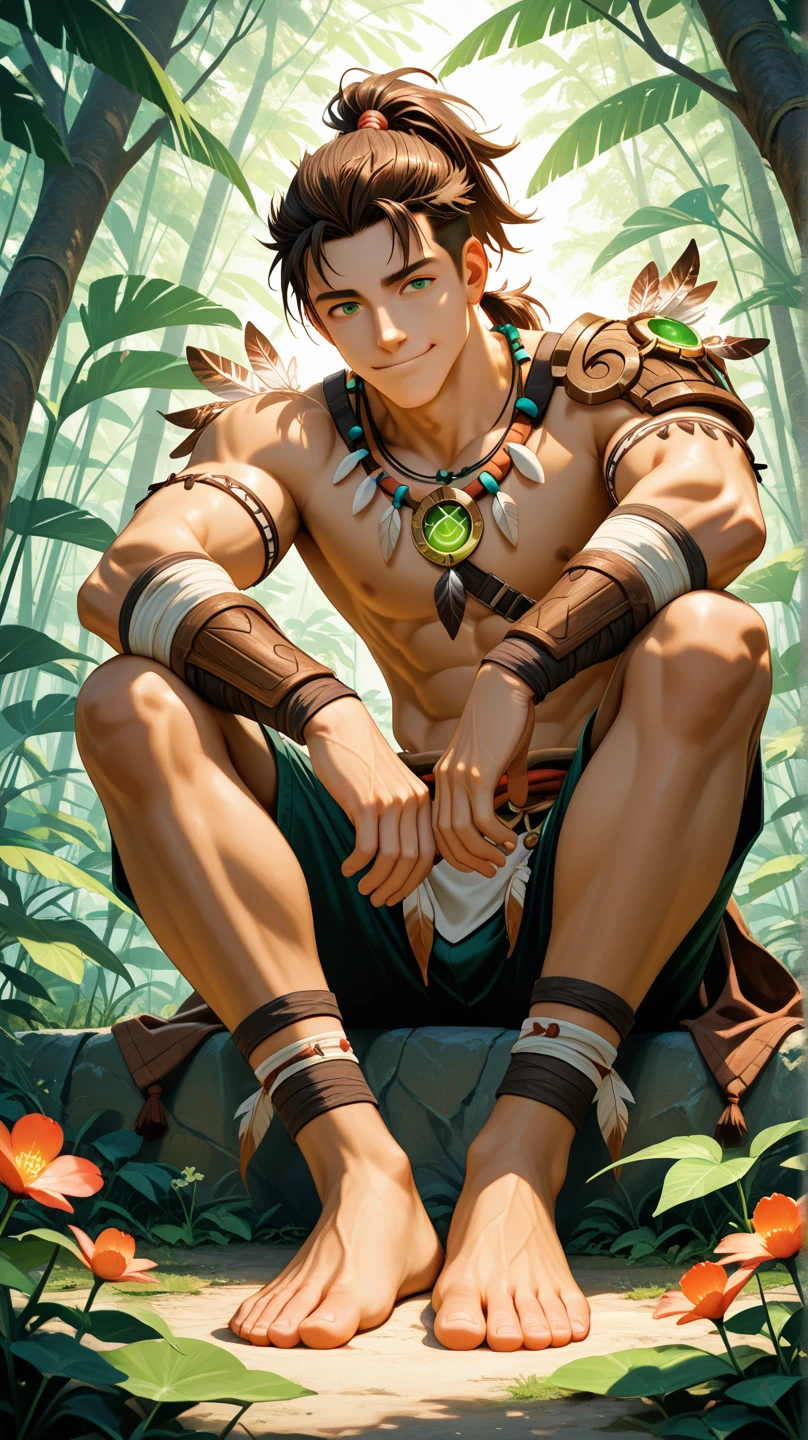 In the lost tribe, the Mayan tribe, a boy with short orange hair, orange hair, lemon-yellow hair dyed, naked, holding a staff, full body, single, bare legs, bare feet, many herbs around him, holding a staff, tattoos, confident and cold smile
