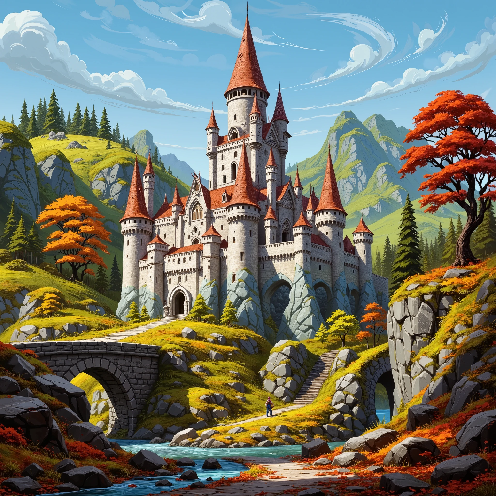 Close view of a massive castle, kingdom, (closed-up of castle), high resolution, fantasy, digital painting style, realistic shadows, iray, (autumn:1.5), yew & oak forest, mountain, (bright morning:1.2), twilight, 8k, 16k, highly Detailed, clear sky, (fogless:1), cloudless, mistless, hazeless, blurless, masterpiece, outdoor, highres, absurdres, png, lossless, details, refined, complex, clear, clarity, day, peaceful, sunny, lively, empty sky, perfect, perfection, realistic, professional, talented, skillful,