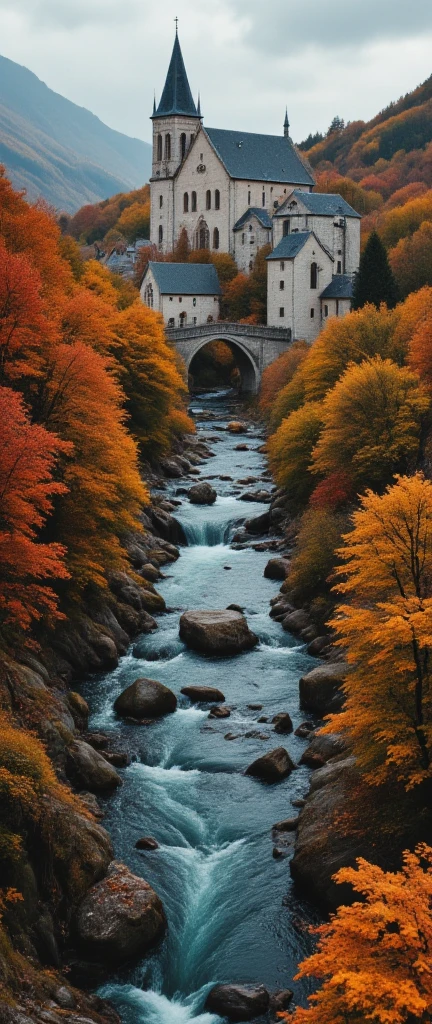 in high-definition images、an image masterpiece of an autumn plain 、 bright color 、 Spectacular Dramatic Expression Intense Style 、 a small village with a church 、 Gothic Bridges 、 A river in a gentle valley、 crystal water top quality screen environment 、 a spectacular view 、 STURDY BUILDING。