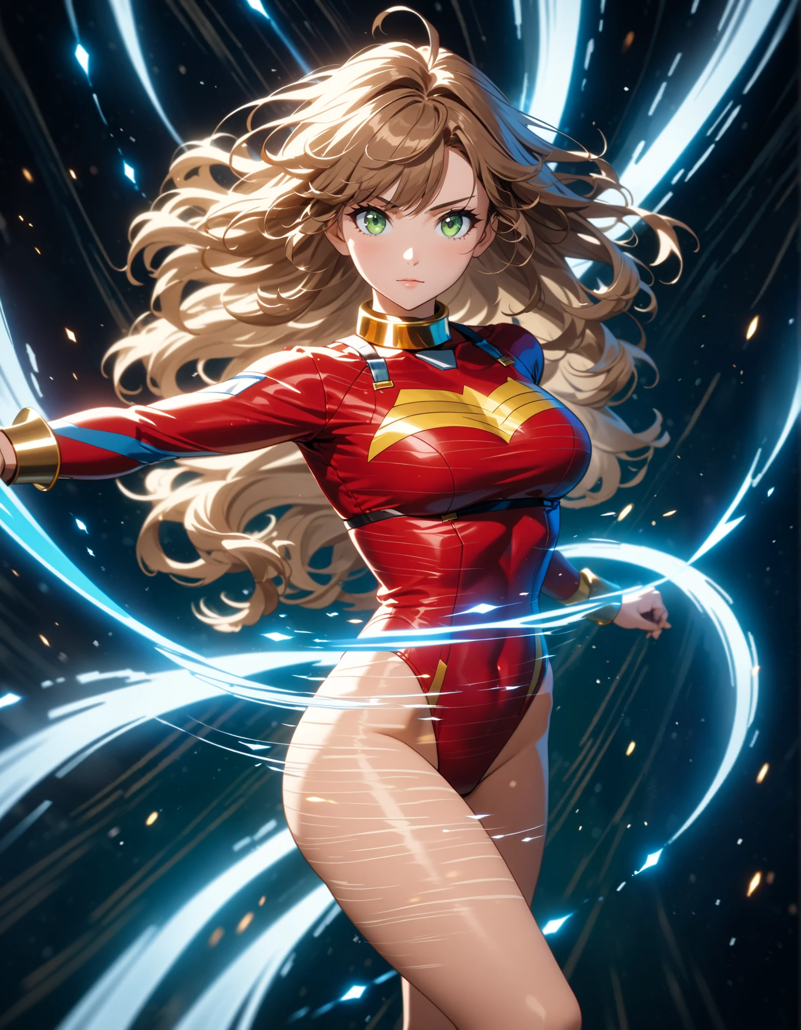 (masterpiece), (best quality), (highres), a female superhero whirls in place into a whirlwind. Leotard, bare legs, boots. dynamic whirl pose, standing straight, spiral lines around her, speed lines around her, motion blur.