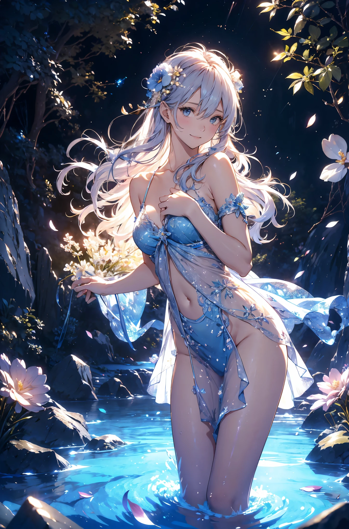 best quality !mystical sexy ❣️Dutch angle❣️LOVE❣️( Bold Composition ) 1girl cute smile!smile! gentle gaze , beautiful 、Beautiful skin with a chest circumference of 130 、sexy、 Beautiful chest skin !BEAUTIFUL THIGS、beautiful legs ‼️ slender model figure、 music Healing simple lawn composition fantasy world、western fantasy style flower、 beautiful beautiful Water‼️Beautiful Many kinds of flowers
Keep it simple beautiful brilliance 、long silver blue hair、広大な水の空間 渦巻く水のエフェクト!水の魔法で水のドレスを生成する!The strongest beautiful decorative flower sexy see-through Water dress、白く透明な 水のドレス calm atmosphere 、 petals、 open 、 Beautiful young body 、 big 胸 、beautiful skin, 、beautiful brilliance, high definition depiction , 水の魔法 夜の星空 神秘的な光 Realistic Fantasy Romanticism ,, ultimate beauty moving!high resolution,
