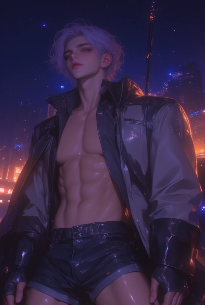 (max resolution: 1.2), (Ultra HDTV: 1.2), 8K resolution, Eye and skin details, detailed facial features, , (Sharp focus: 1.2), (Focus focus) facial expressions: 1.2), 1 Guy, Yes, White hair, exposed chest muscles, 8 pack, (No shirt), (((Black briefs)))