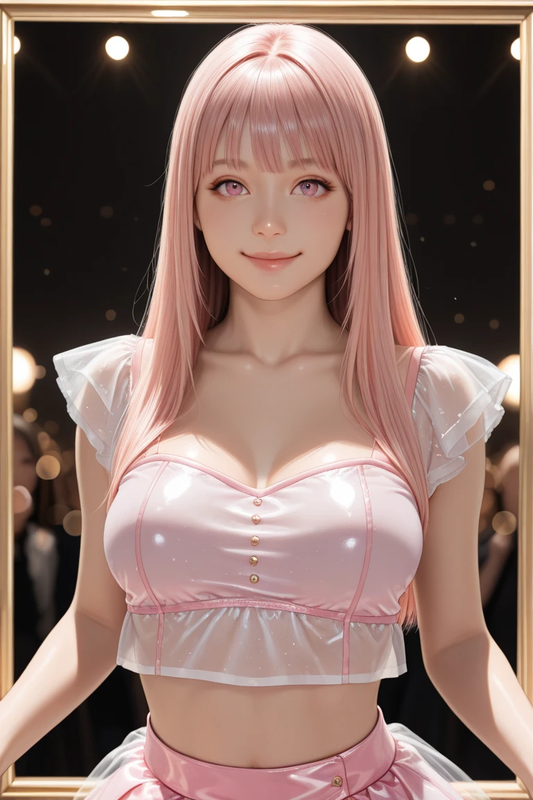 (Masterpiece, BestQuality:1.3), (ultra detailed:1.2), (hyperrealistic:1.3), (RAW photo:1.2), High detail RAW color photo, professional photograph, (Photorealistic:1.4), (realistic:1.4), (Pink Hair:1.5), professional lighting, perfect anatomy, (Big Breasts:1.2), (blush, detailed face), (A happy smile:1.7), Trending Hair&Trending Hairカラーをランダムに, earrings, necklace, bracelet, sexly, erotic sexly, Random sexy gravure poses, (Beautiful woman in a gold party dress、With the club lights in the background、A captivating smile、Straight hair flowing down her back、Stand with one hand on your hip、Emphasizes the chest。:1.3)