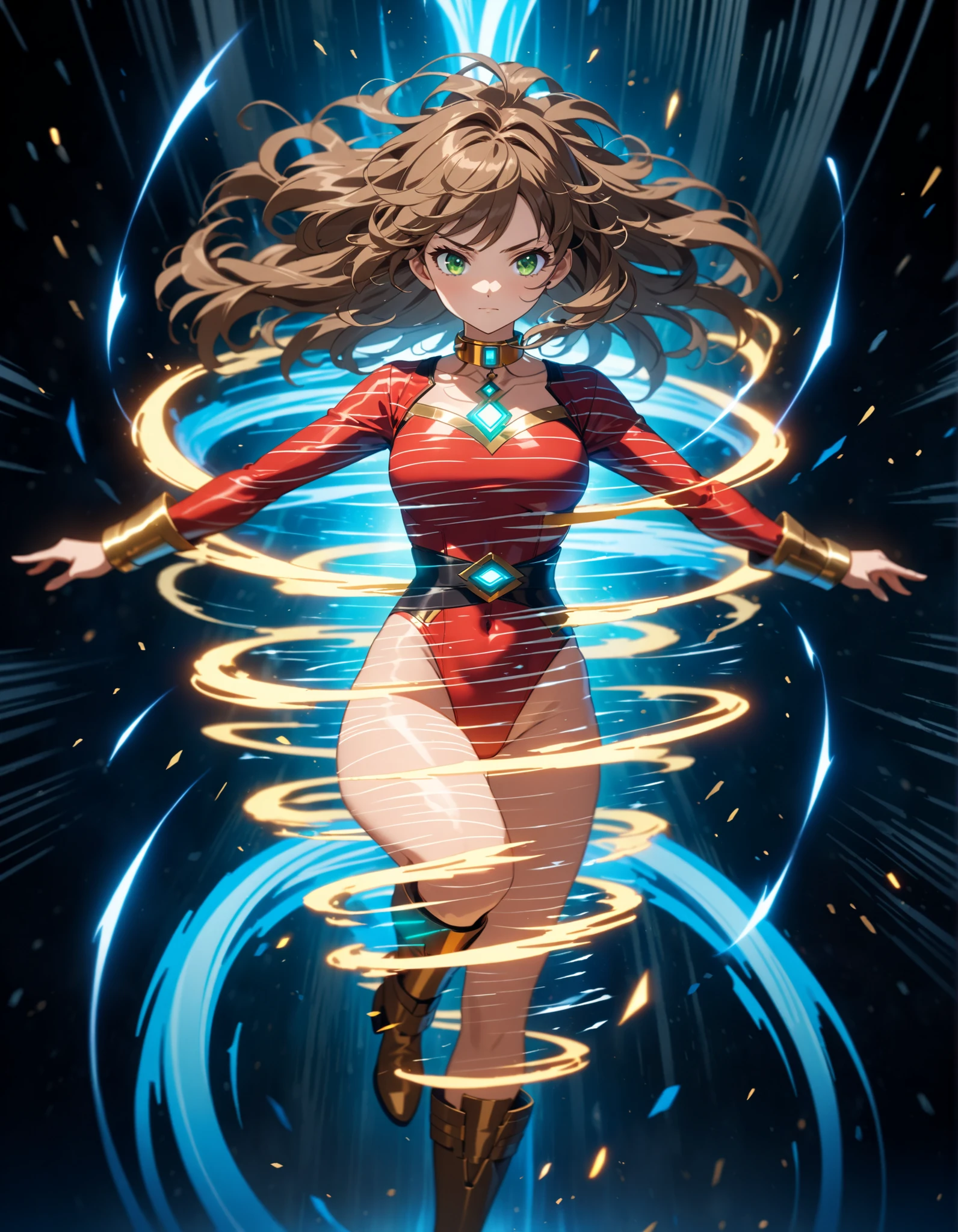 (masterpiece), (best quality), (high res), 1lady, tall body, beautiful detailed eyes, beautiful detailed face, serious, (perfect hands), complete fingers, perfect anatomy, perfect proportions, ((brown hair, medium hair)), ((green eyes)), ((leotard, red leotard, matching leotard)), ((white dress collar, open collar)), ((bare legs)), ((boots, matching boots, ankle-high boots, red boots)), breasts, medium breasts, (full body portrait), looking at viewer, (solo, solo focus), cowboy shot, space backdrop, ((yellow V (symbol) on chest)), ((red leather jacket, open jacket)), full body costume design. ((raised arms, spins fast in place like a (tornado), raised arms, legs straight, (standing straight), (she spins) at an (incredible speed), creating a whirlwind of air around her, cyclone spinning)), ((spiral lines, spinning energy pulse around her)). Curved Sword Slash.