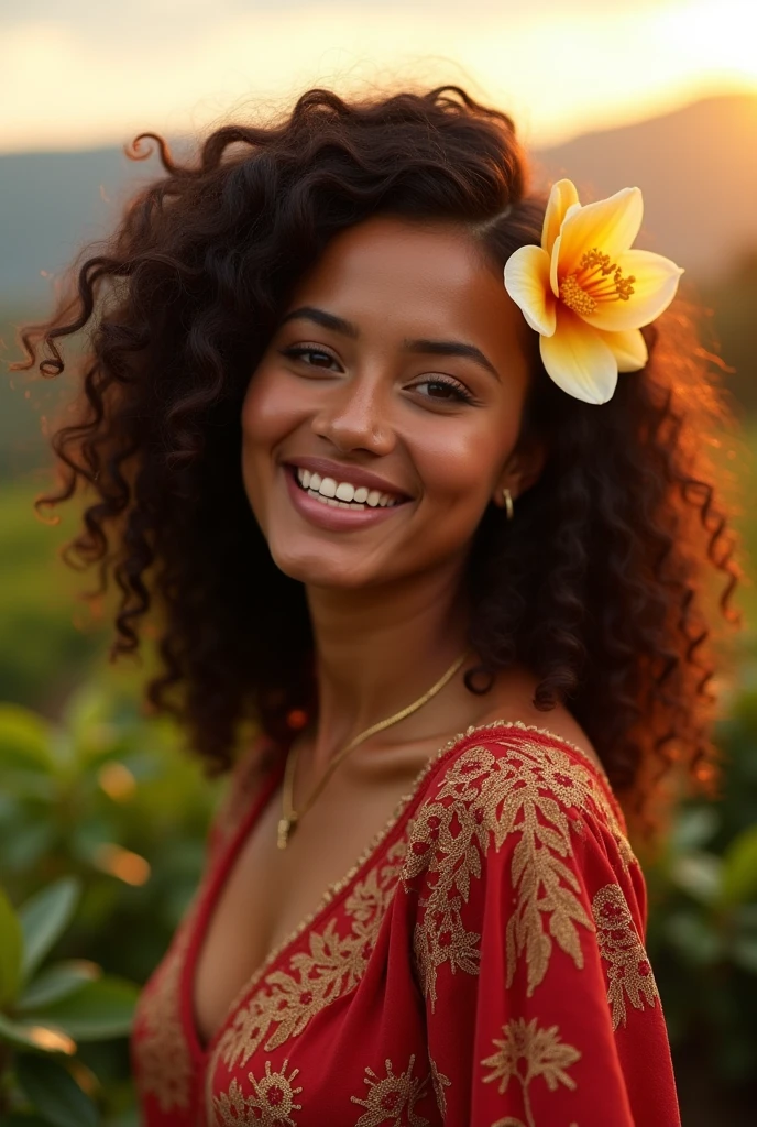 A Brazilian woman with long, curly hair in a birthday photo shoot