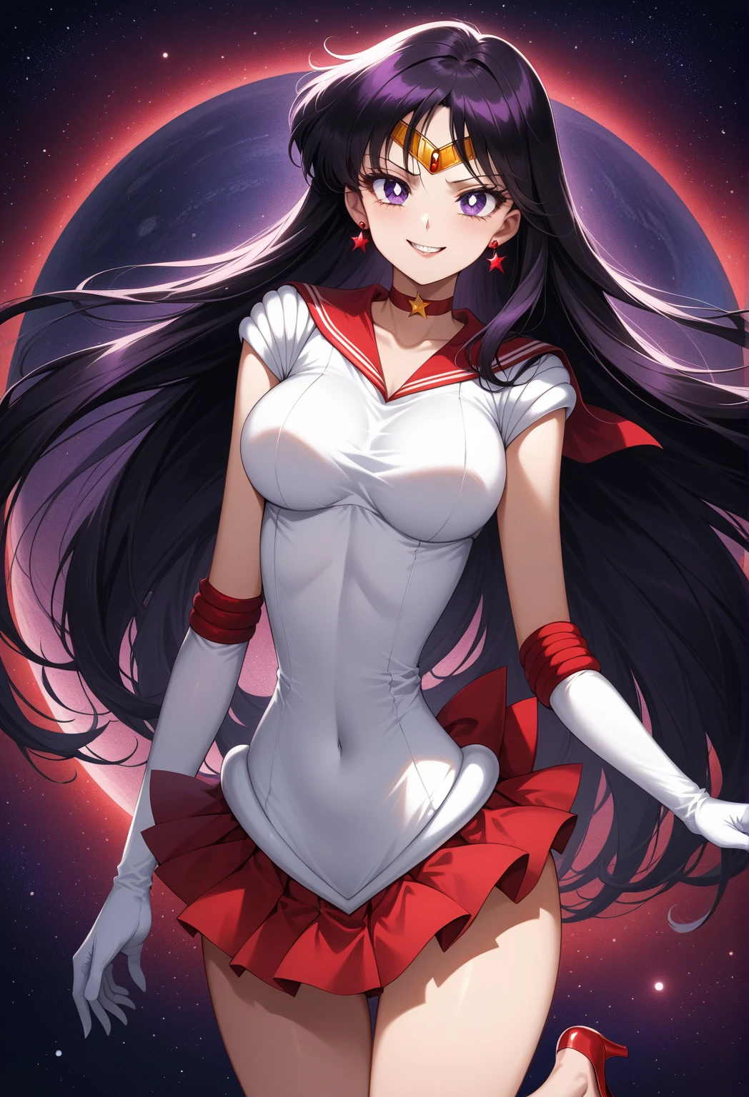 (Masterpiece), Best Quality, ultra-detailed, 1girl (SMMars, Slender and sexy body, lovely breasts, dark skin, black hair, very long hair, red eyes, half-closed eyes), evil face, smirk, parted lips, mascara, full makeup, black eyeshadow, red lipstick, solo, facing viewer, looking at viewer, black latex leotard, cleavage, purple pleats skirt, ultra mini skirt, elbow gloves, skull, skull brooch,jewelry,purple bow, purple choker, red gemstone, purple sailor collar, shirt, short sleeves , full moon, outdoor, fog, standing, Sexy waist teasing, come-on, temptation, love juice flows out of her pussy