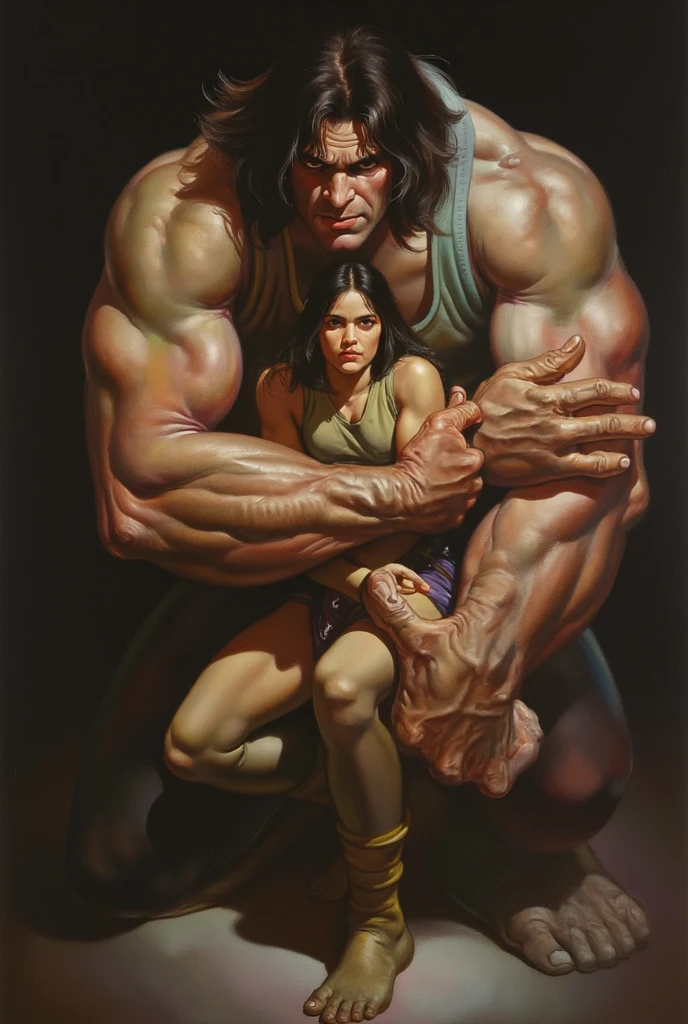Dungeons and Dragons battle scene, fight scene, art of Frank Frazetta, succubus being fucked by an ogre with a large erection