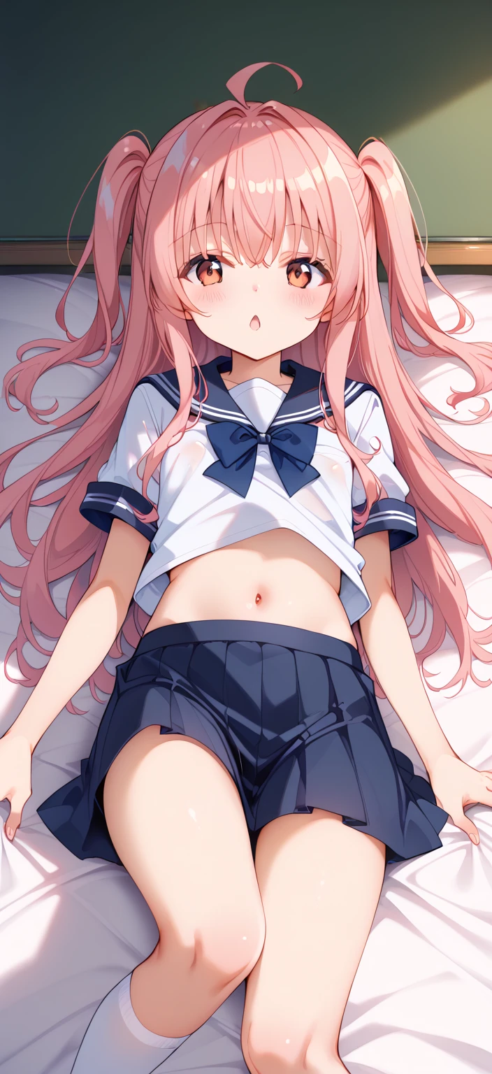 small nipples,(Pink nipples), shy ,sailor uniform, ((bra lift)),((lift skirt)),((white panties)), (press breasts together),glasses.Lie on your back in bed,