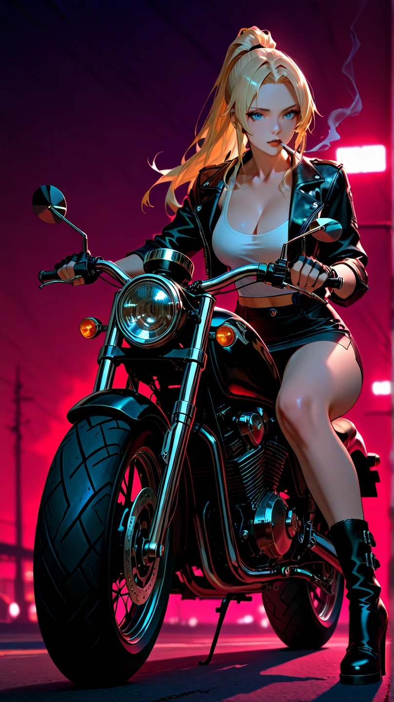 1 Female, Age 30,Ladies Bosozoku , Japanese, Leather jacket,Lace panties,Get on a bike, Tattoo, Brown Hair , background:Night National Highway