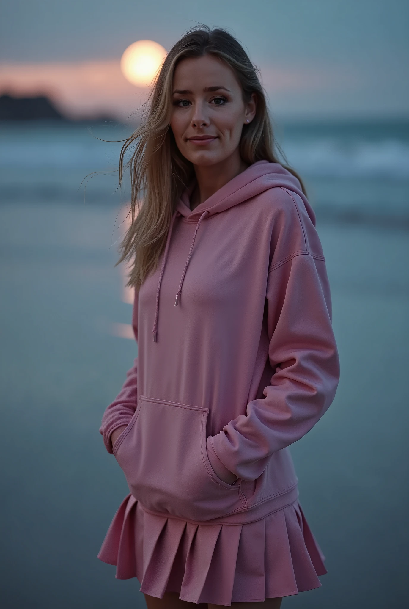 pale blonde teenage girl with bangs soft silky hair blue-green eyes wearing long black sweatshirt and black jeans, taking a photo of your back on the beach darkening purple sky and good quality