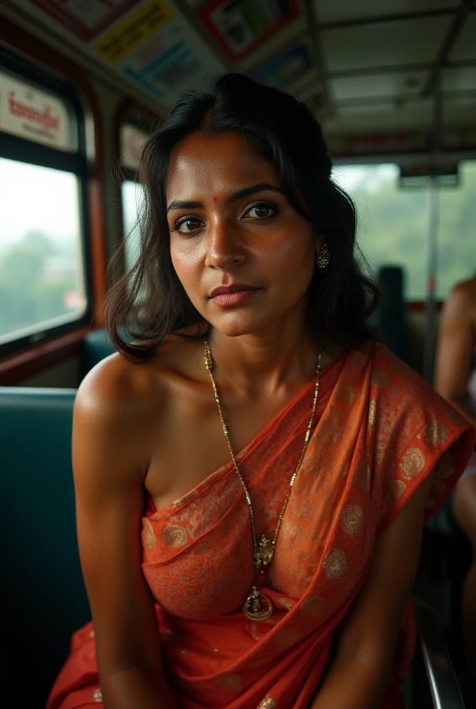 Indian woman sleeping next to an elderly man on a sleeper bus, with a focus on her deep neckline, wearing a comfortable shirt and loungewear. (best quality,highres),ultra-detailed,realistic:1.37, HDR, vivid colors, studio lighting.