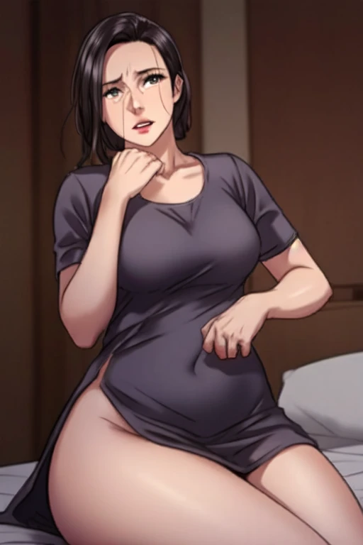 ((best quality)), ((masterpiece)), (detailed), (perfect anatomy), A beautifully gorgeous nude toned body big breasts mature woman with sad expression standing in the apartment living room setting in Manhwa Artstyle. Dark atmosphere.