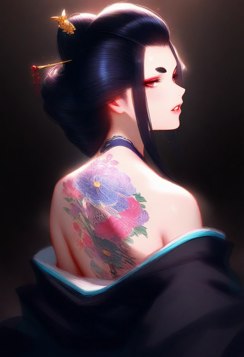 (masterpiece, top quality, best quality, official art, beautiful and aesthetic:1.2),1girl, tattoo, solo, japanese clothes, hair ornament, unsheathing, black hair, sheath, back tattoo, blue eyes, off shoulder, bare shoulders, looking back, from behind, flower, looking at viewer, holding, makeup,
indoor,