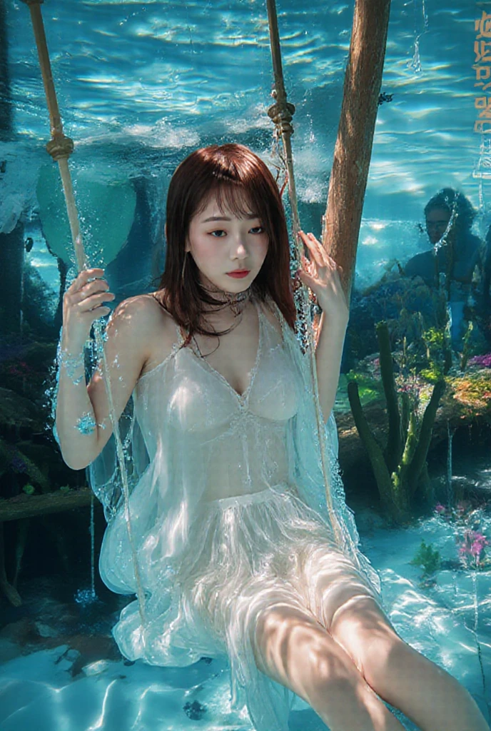 1 person, Clear water, Blue Butterfly, Pure white gauze skirt, Sparkling